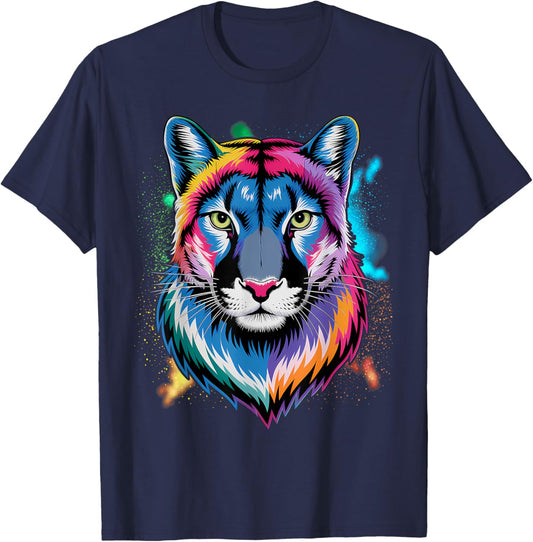 Puma Cougar Head Colorful Art Animals Watercolor Painting T-Shirt - T-Shirt | Navy