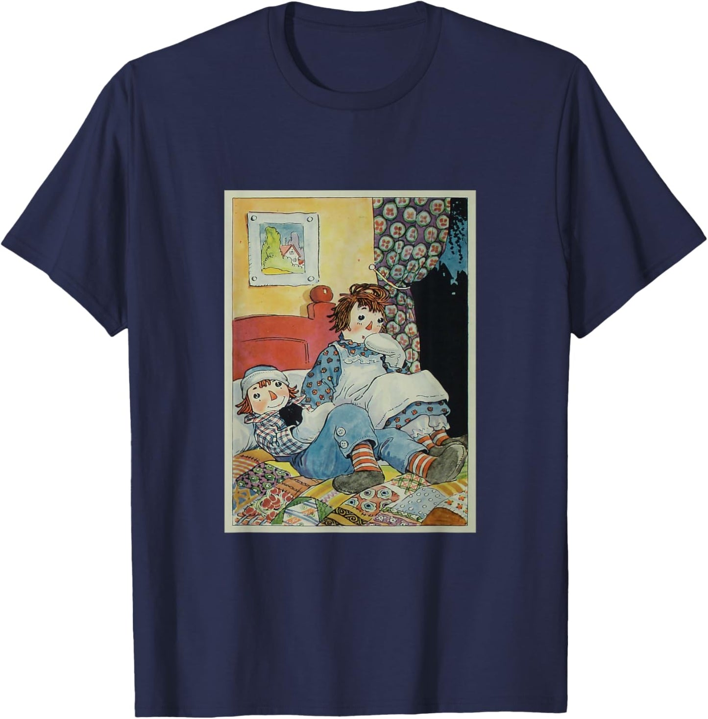 Children's Rag Doll Story Raggedy Ann & Andy on a Bed (1924) , Small, Black T-Shirt - T-Shirt | Navy