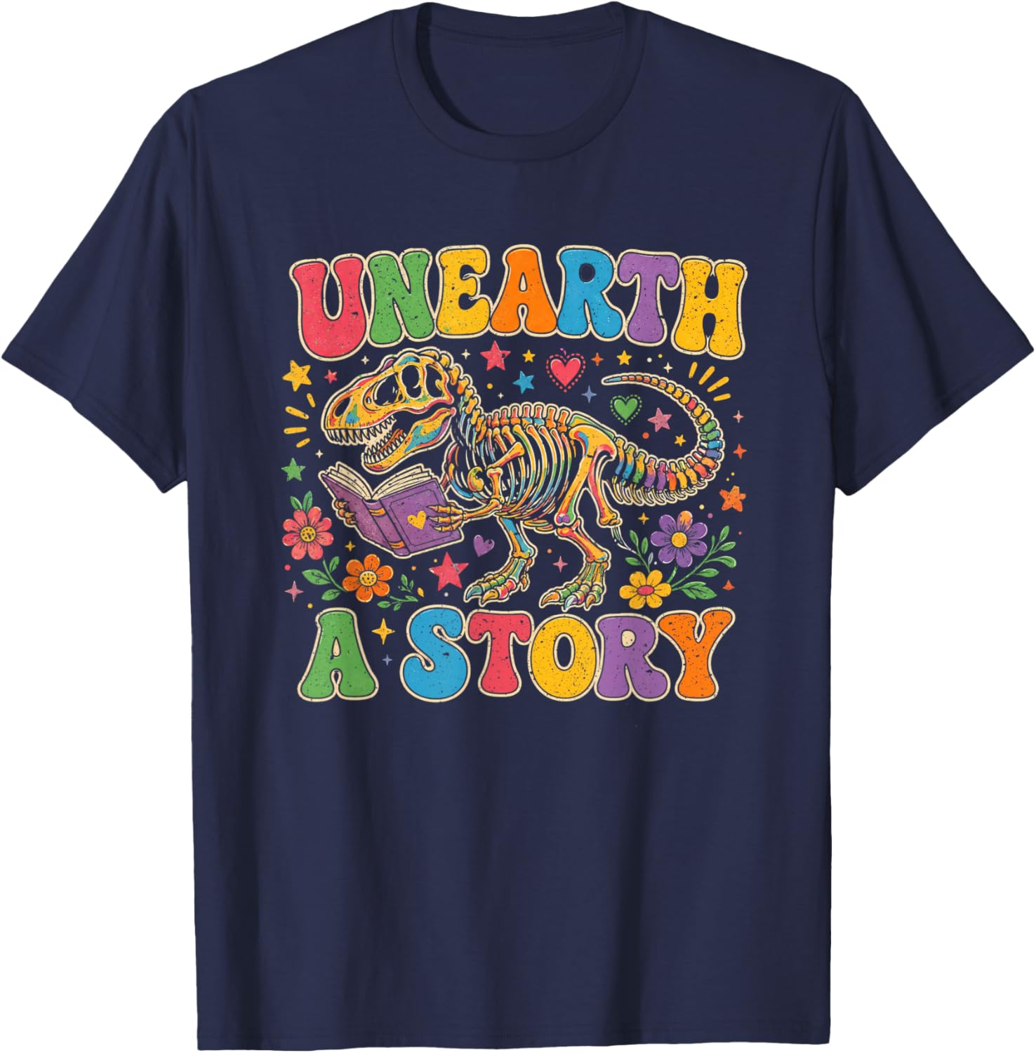 Unearth a Story Summer Library Reading 2026 Dino Skeleton T-Shirt - T-Shirt | Navy