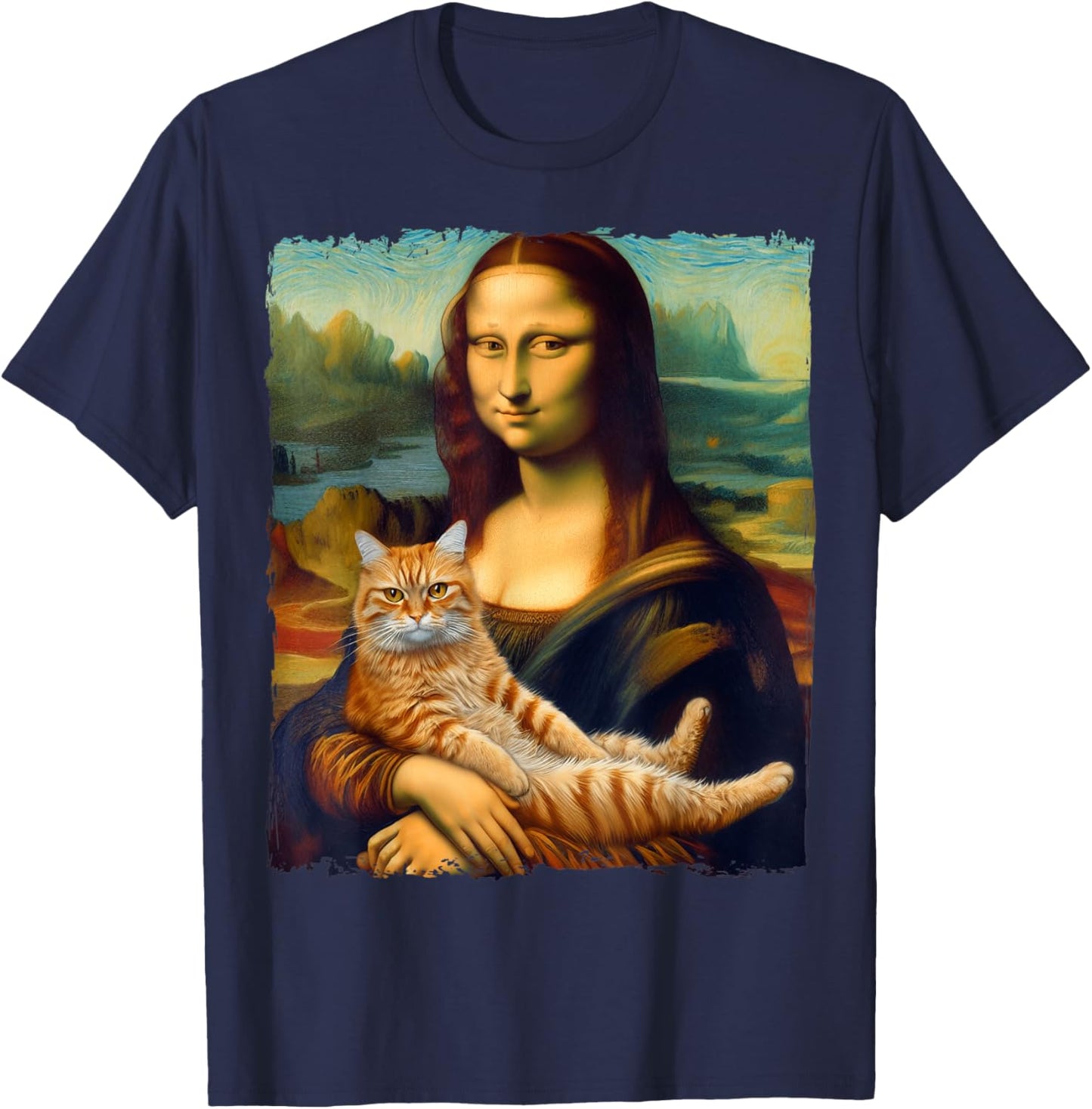 Mona Lisa Holding Cat Portrait Art Painting Kitty Cat Mom Men Women Kids T-Shirt - T-Shirt | Navy