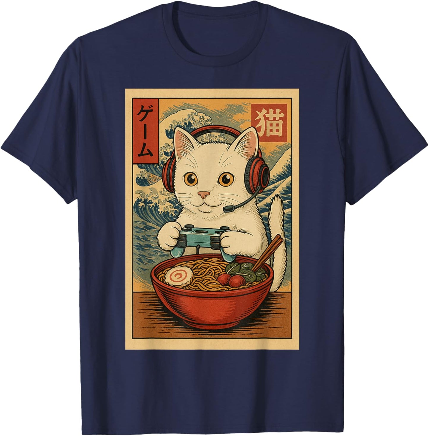 Kawaii Anime Gamer Cat Ramen Retro Japanese Gaming Funny T-Shirt - T-Shirt | Navy