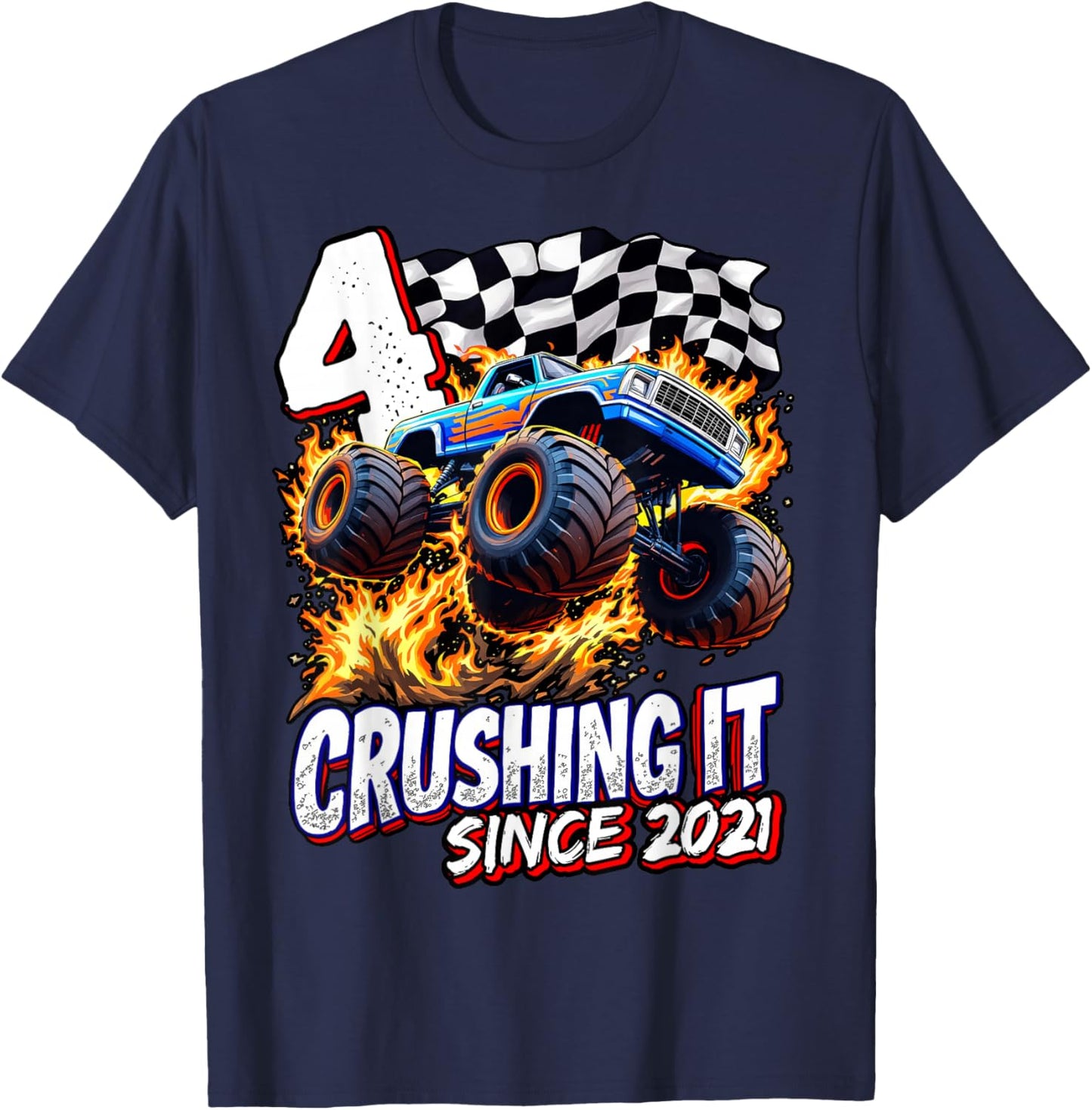 Birthday Monster Truck 4 year Old Boys 4th Party Born 2021 T-Shirt - T-Shirt | Navy