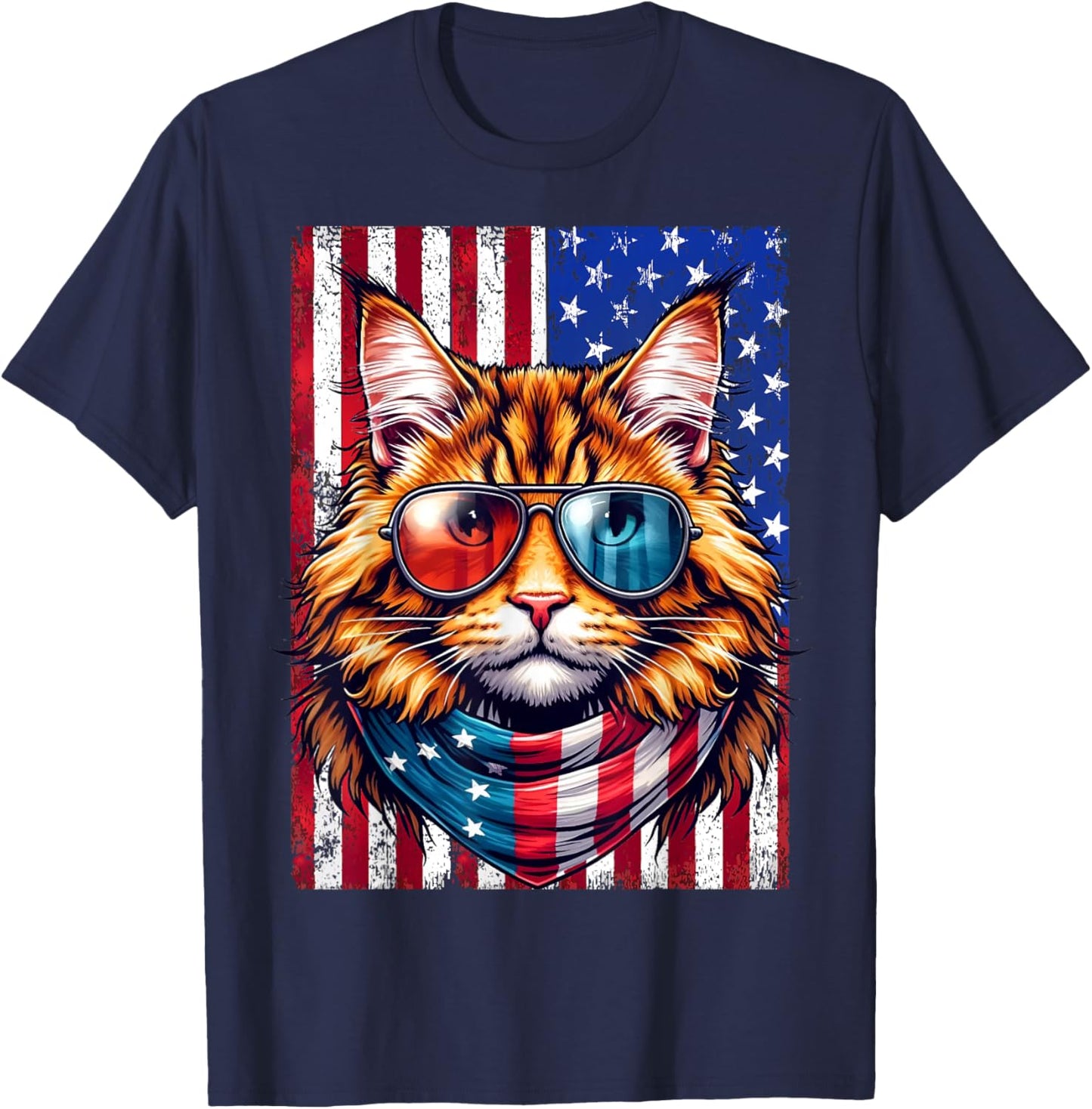 Maine Coon Wearing USA Flag Cat Lover Patriotic 4th of July T-Shirt - T-Shirt | Navy