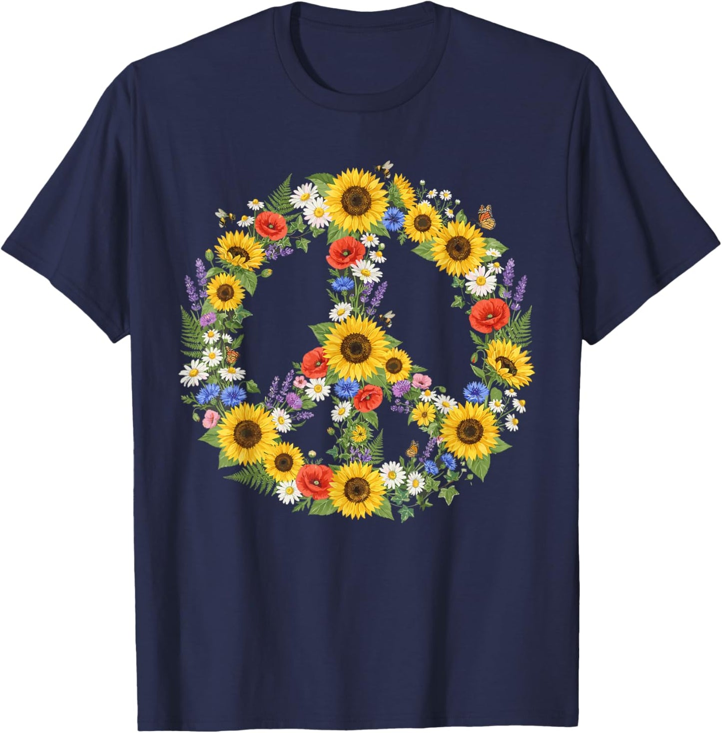 Hippie Peace Sign 60s 70s Retro Groovy Flowers Floral T-Shirt - T-Shirt | Navy