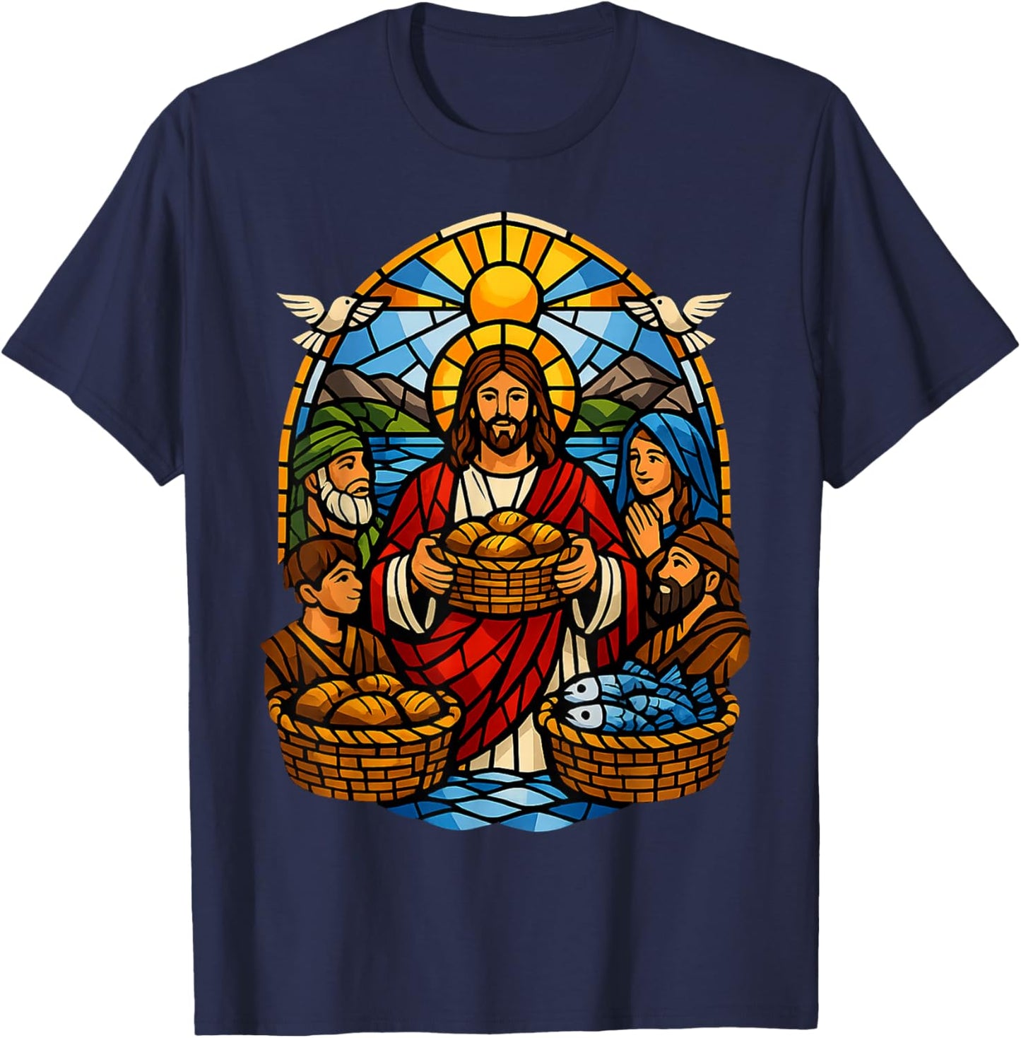 Loaves and Fishes Miracle Vitrail Scène communautaire T-Shirt - T-Shirt | Navy