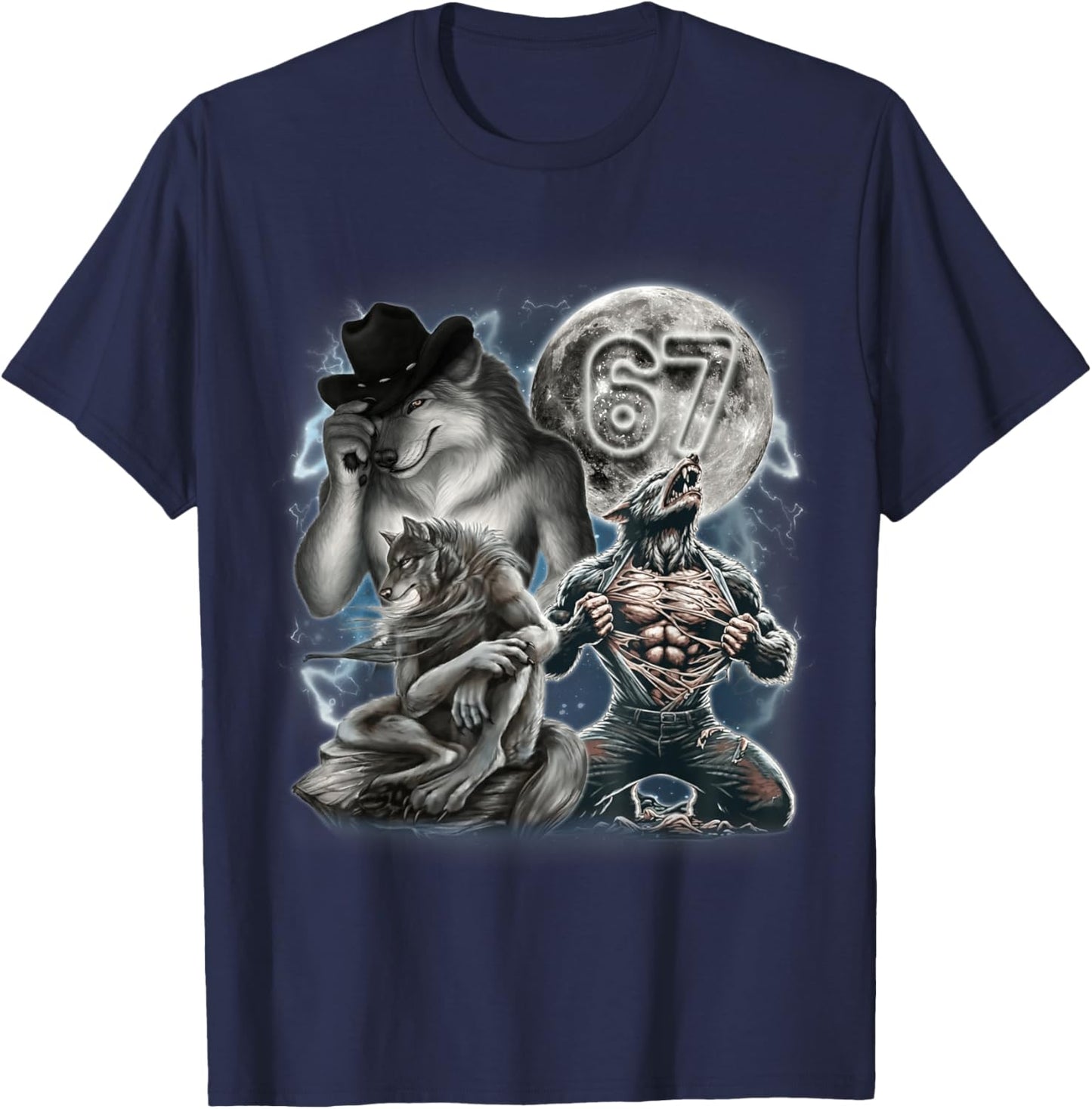 Vintage Alpha Wolf Howling at The Moon 67 Six Seven Meme T-Shirt - T-Shirt | Navy