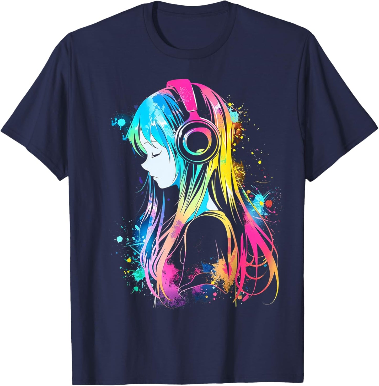 Anime Manga Graphic Headphone Art Anime T-Shirt - T-Shirt | Navy