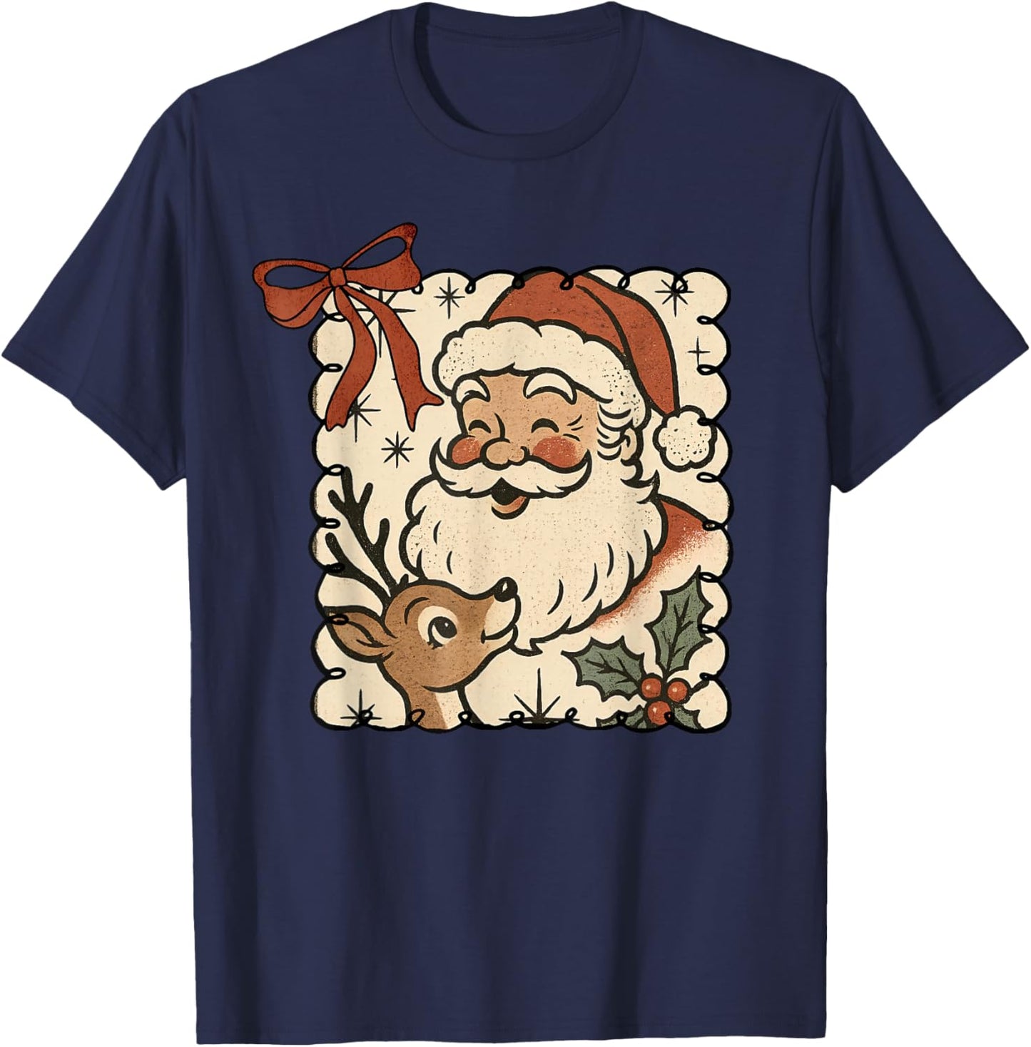 Santa Reindeer Rudolph Xmas Holiday Merry Christmas Vintage T-Shirt - T-Shirt | Navy