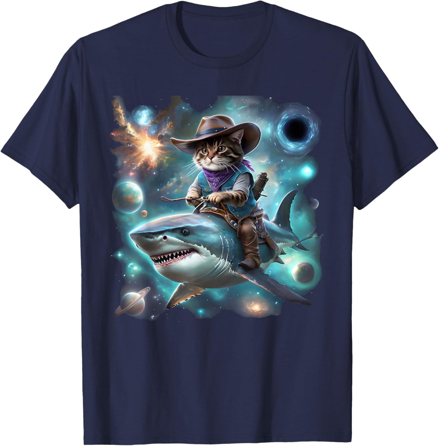 Cat Riding Shark Rainbow Galaxy Cat Cowboy Shark Humor T-Shirt - T-Shirt | Navy