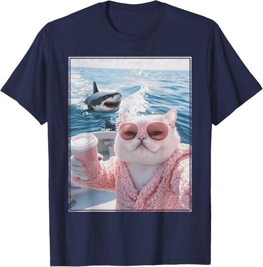 Fat Cat on a Yacht Boat with Shark Cool Funny Cat Meme T-Shirt - T-Shirt | Navy