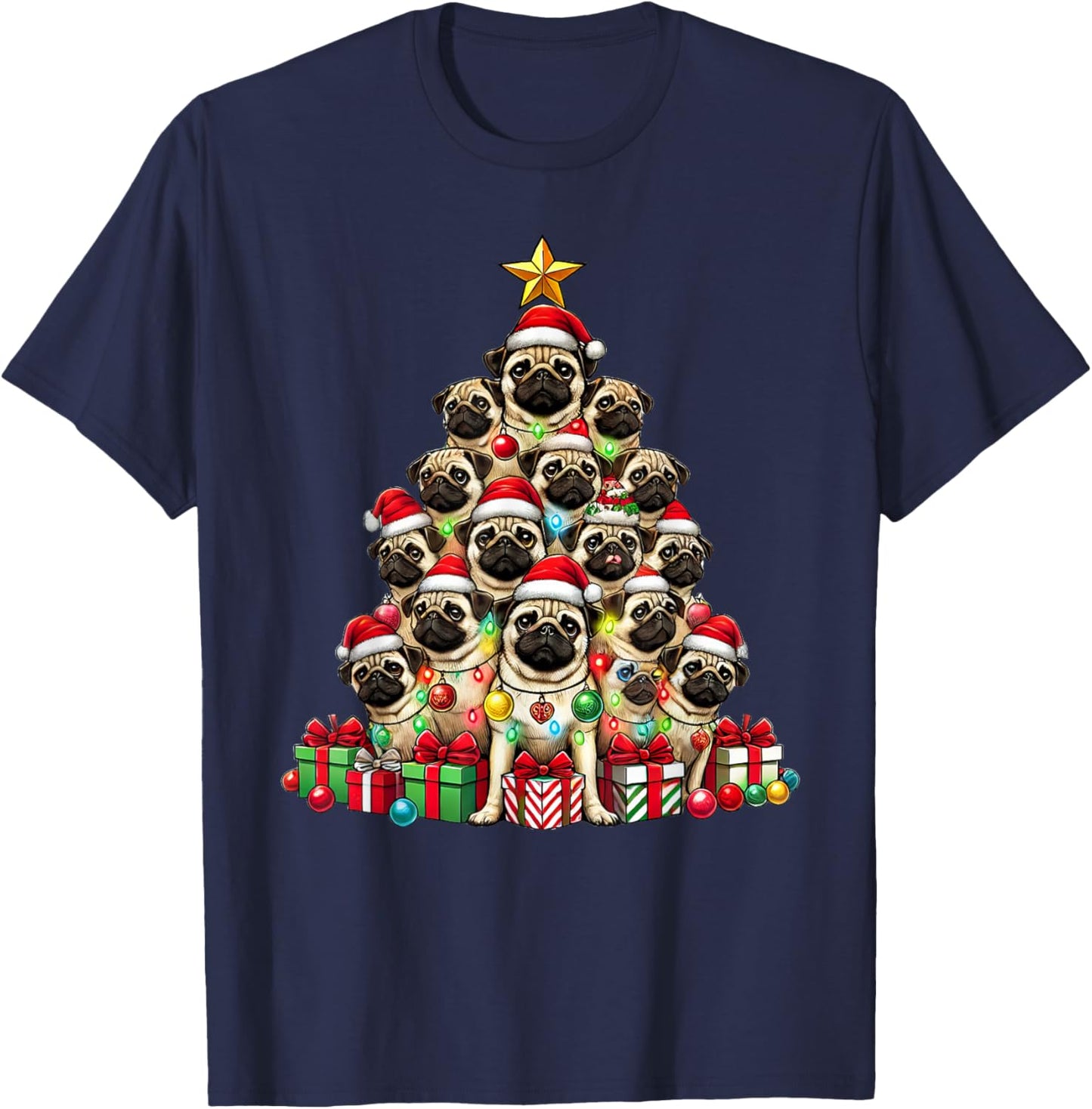 Dog Pug Christmas Tree Funny Pug Xmas T-Shirt - T-Shirt | Navy