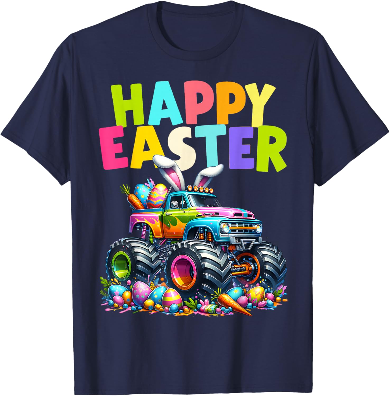 Boys Happy Easter Monster Truck Easter Eggs Hunt Toddler Kid T-Shirt - T-Shirt | Navy