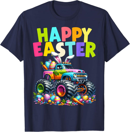 Boys Happy Easter Monster Truck Easter Eggs Hunt Toddler Kid T-Shirt - T-Shirt | Navy