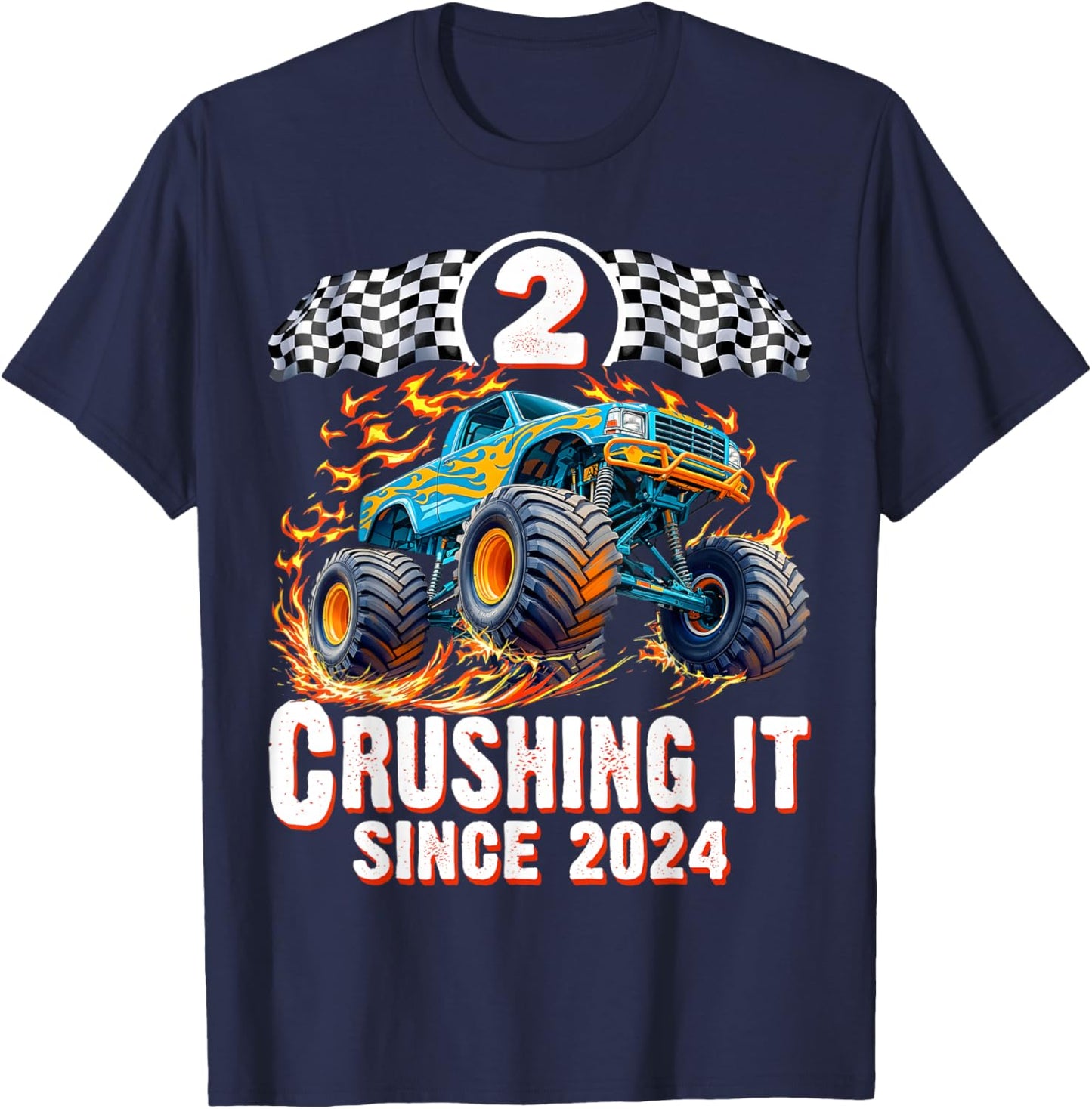 Birthday Monster Truck 2 Year Old Boys 2nd Party Born 2024 T-Shirt - T-Shirt | Navy