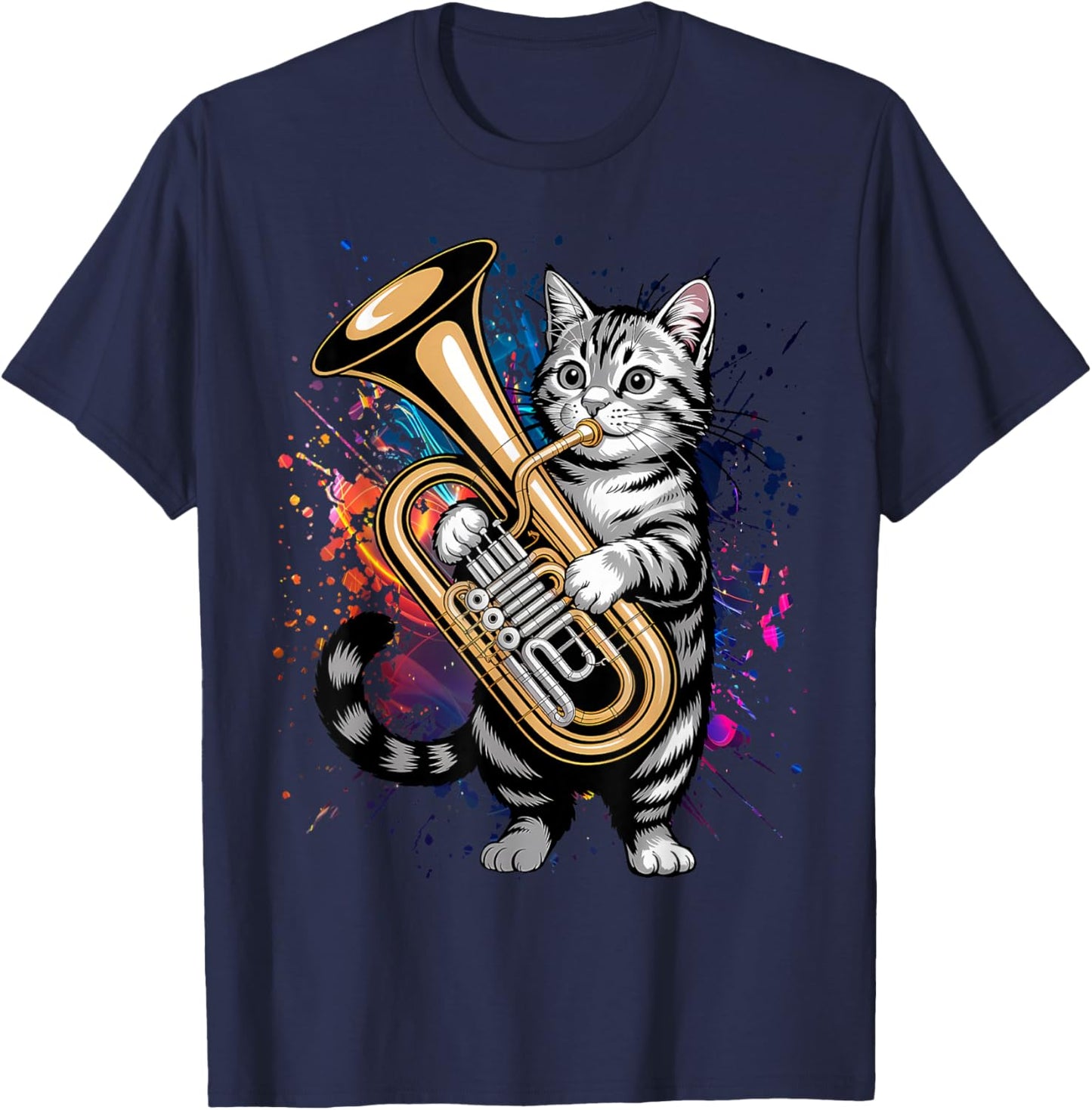 Cat Playing Marching Band Tuba Player Musician T-Shirt - T-Shirt | Navy