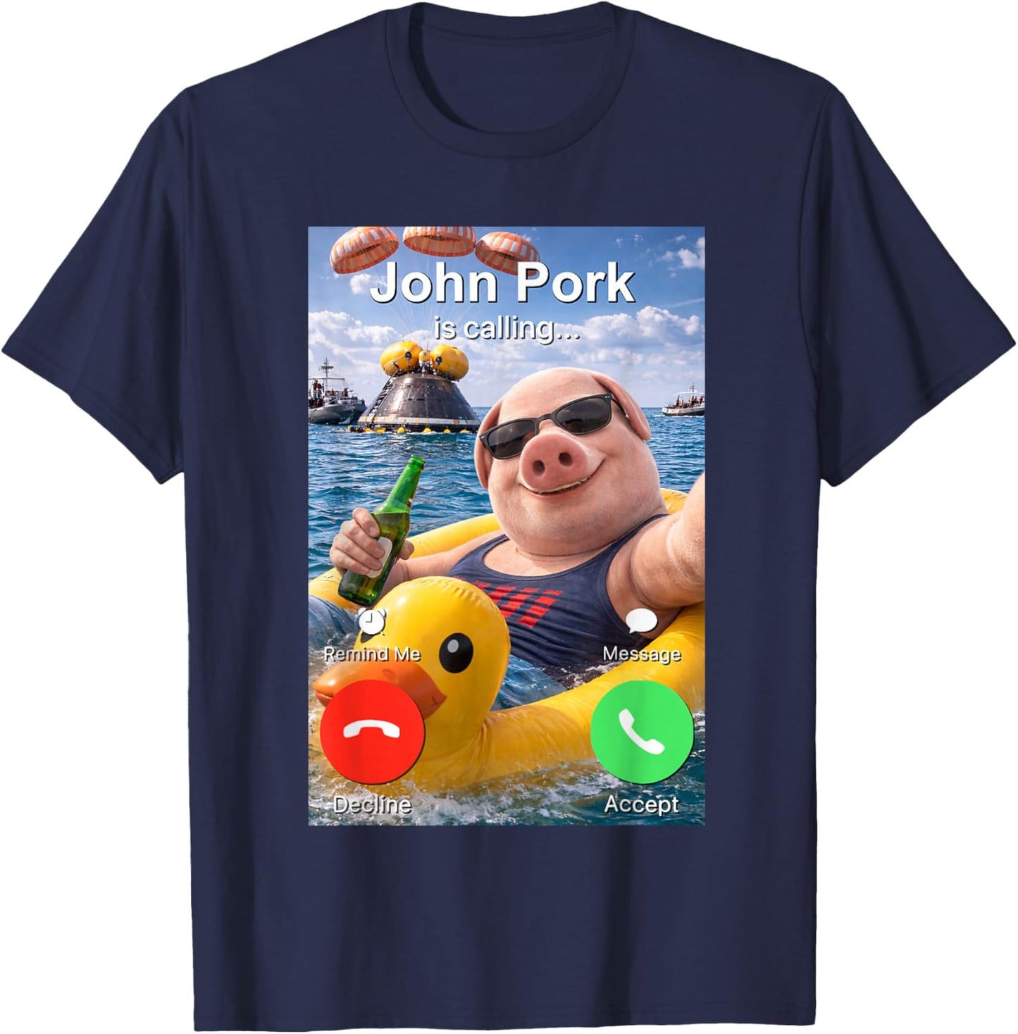 Drôle John Pork Appelle Artemis II Splashdown Meme T-Shirt - T-Shirt | Navy