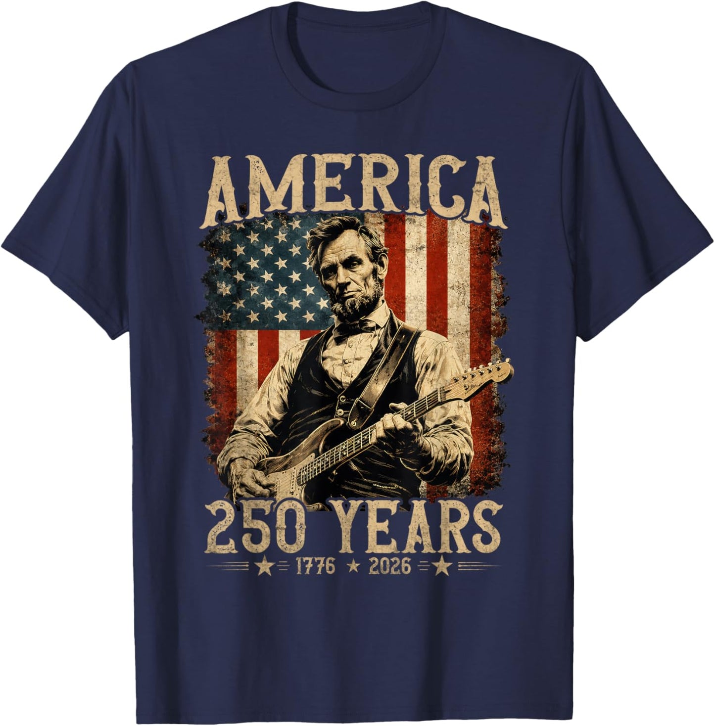 Abraham Lincoln Playing Guitar Rock and Roll American Flag T-Shirt - T-Shirt | Navy
