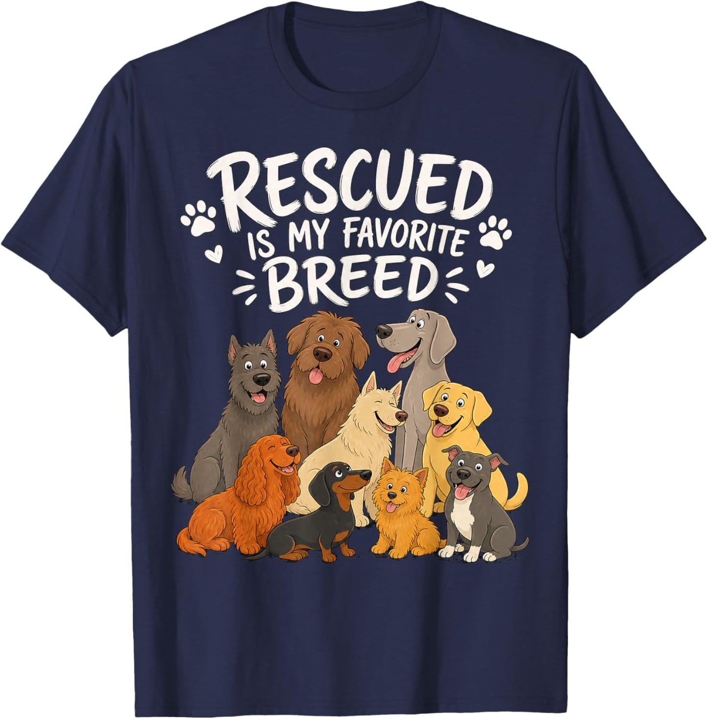 Playful Cartoon Dogs with Rescued is My Favorite Breed T-Shirt - T-Shirt | Navy