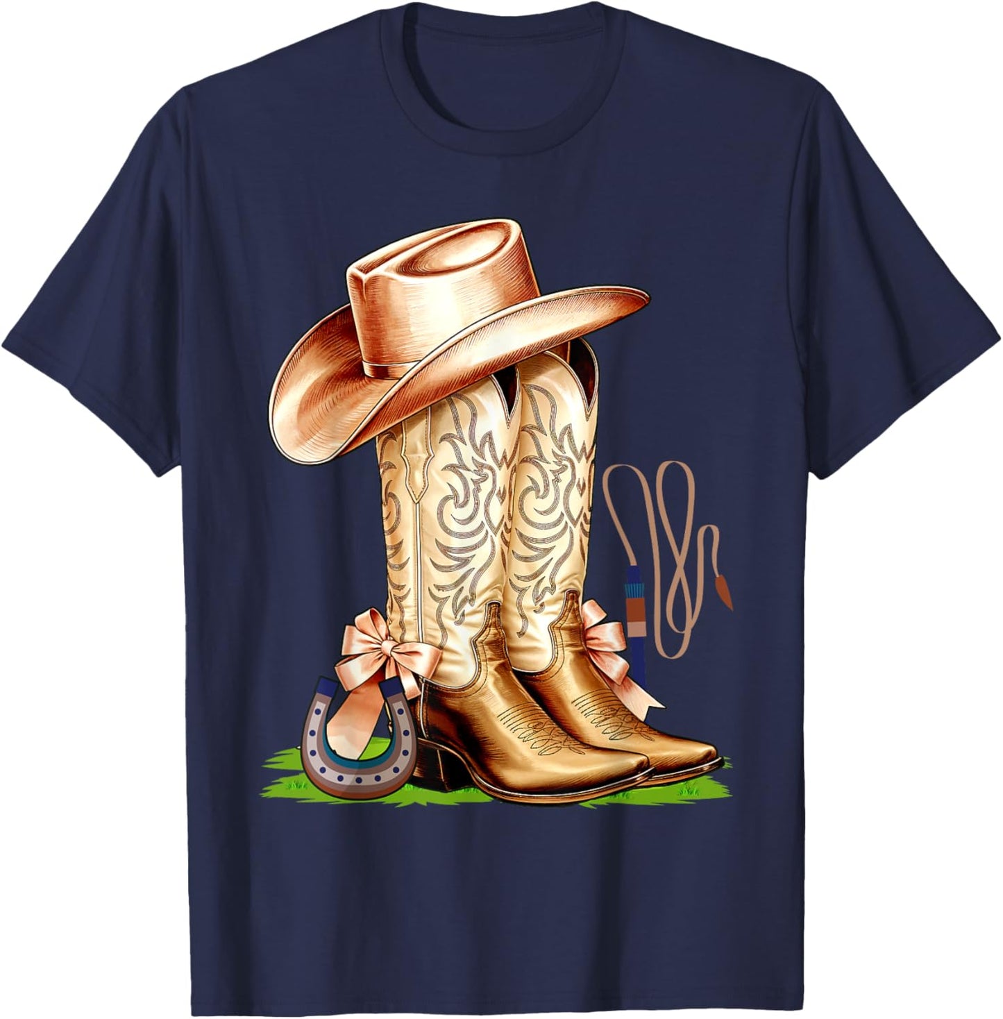 Coquette Pink Bow Cowboy Boots Cute Teen Girls, Women T-Shirt - T-Shirt | Navy
