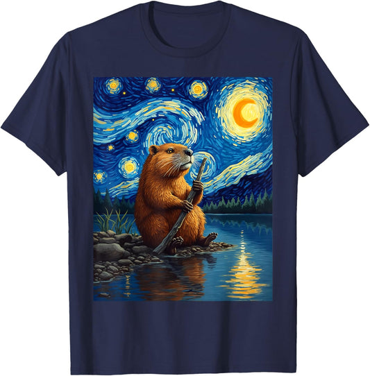 Van Gogh's Starry Night Beaver River Wildlife Art T-Shirt - T-Shirt | Navy