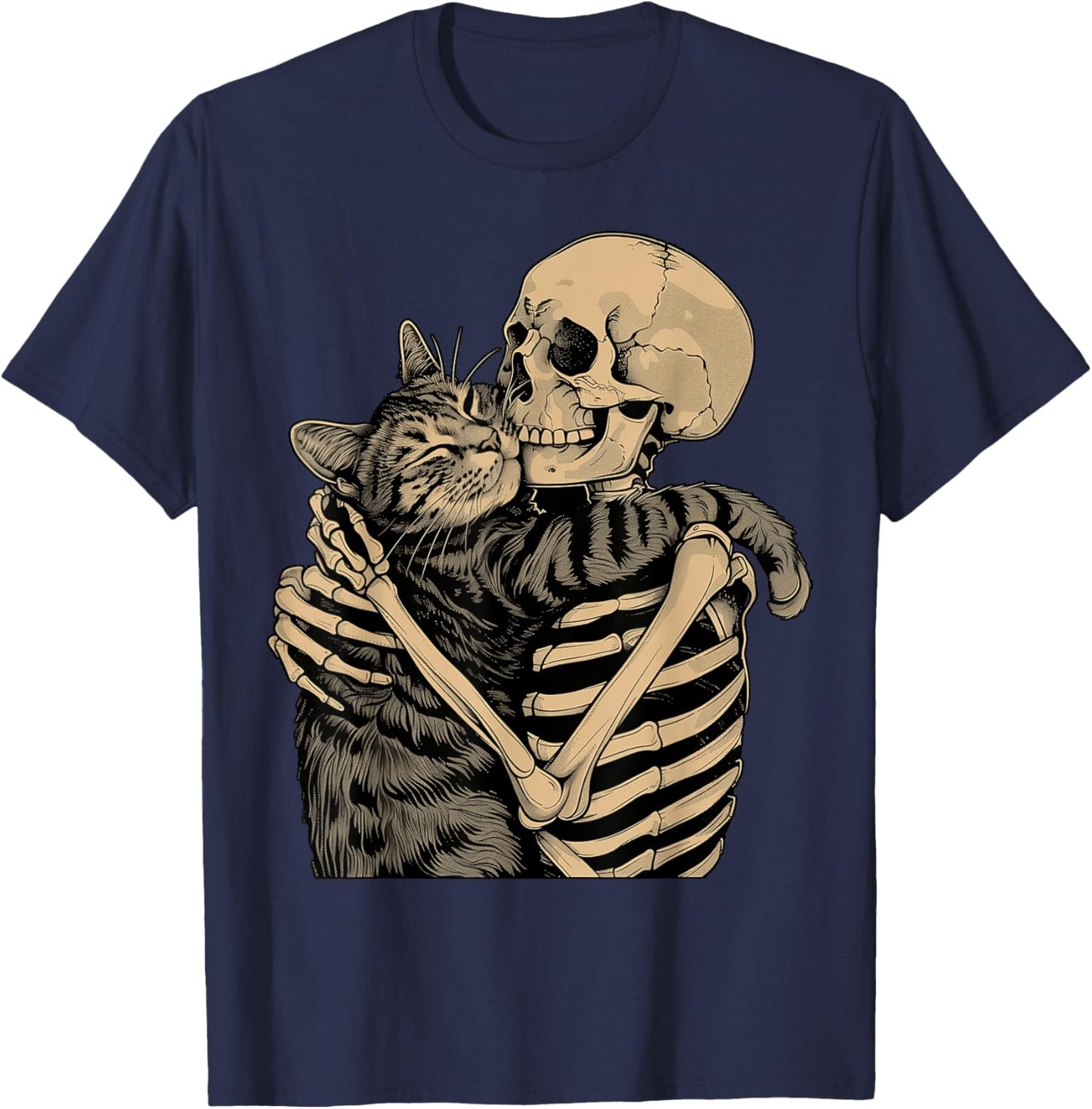 Skeleton Cuddle Cat Halloween Cat Lover Mom Dad T-Shirt - T-Shirt | Navy
