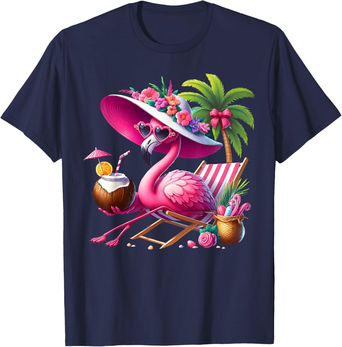 Flamingo Pink Palm Tree Tropical Beach Summer Holiday Women T-Shirt - T-Shirt | Navy