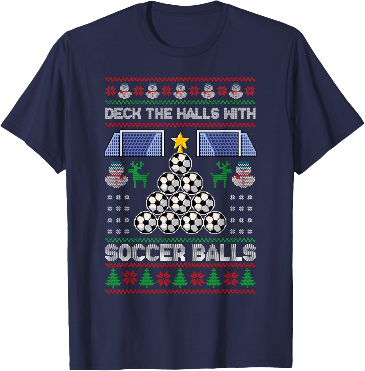 Deck The Hall With Soccer Balls Ugly Christmas Soccer Pajama T-Shirt - T-Shirt | Navy