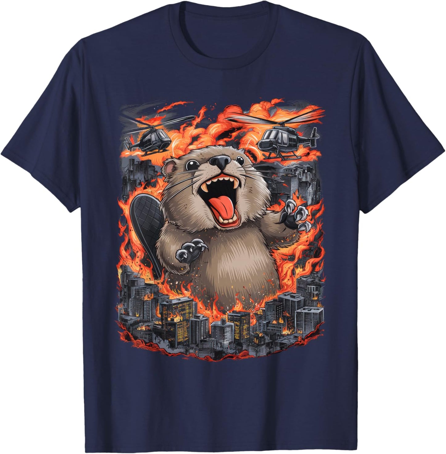 Chubby Giant Beaver Kaiju Monster City Destruction Funny T-Shirt - T-Shirt | Navy