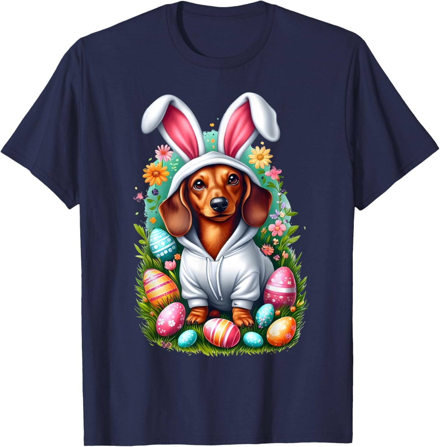Cute Dachshund Easter Bunny Funny Wiener Dog Easter Egg Hunt T-Shirt - T-Shirt | Navy