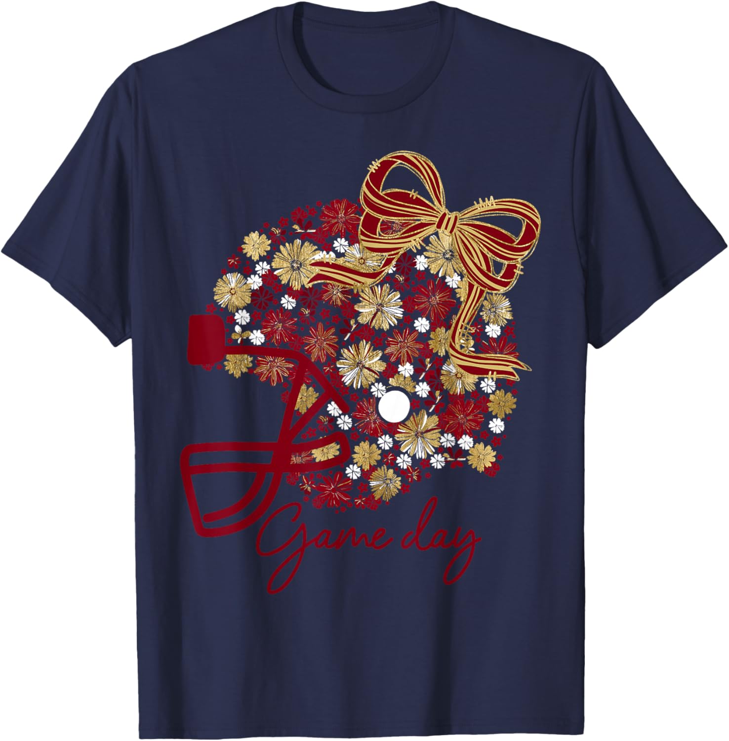Floral Football Game Day Girly Team Spirit Burgundy & Gold T-Shirt - T-Shirt | Navy