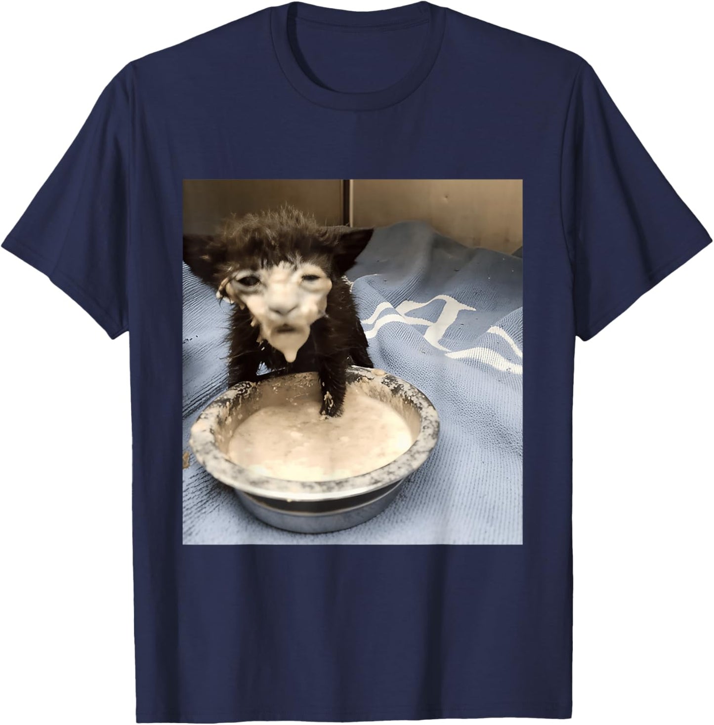 Funny Cat Drinking Milk Meme Whimsical Black Cat Brainrot T-Shirt - T-Shirt | Navy