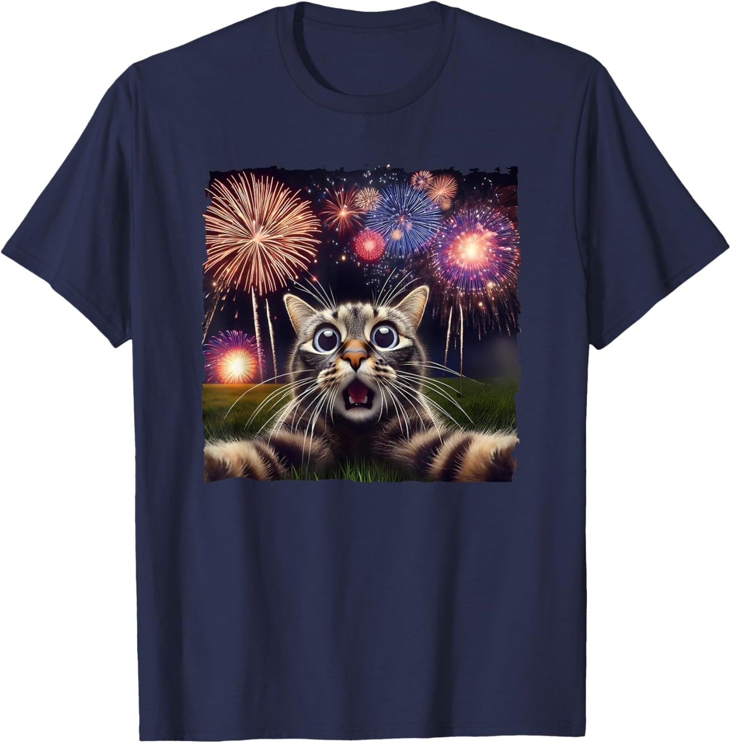Cat Selfie with Fireworks Fourth of July 4th Fireworks Women Kids T-Shirt - T-Shirt | Navy