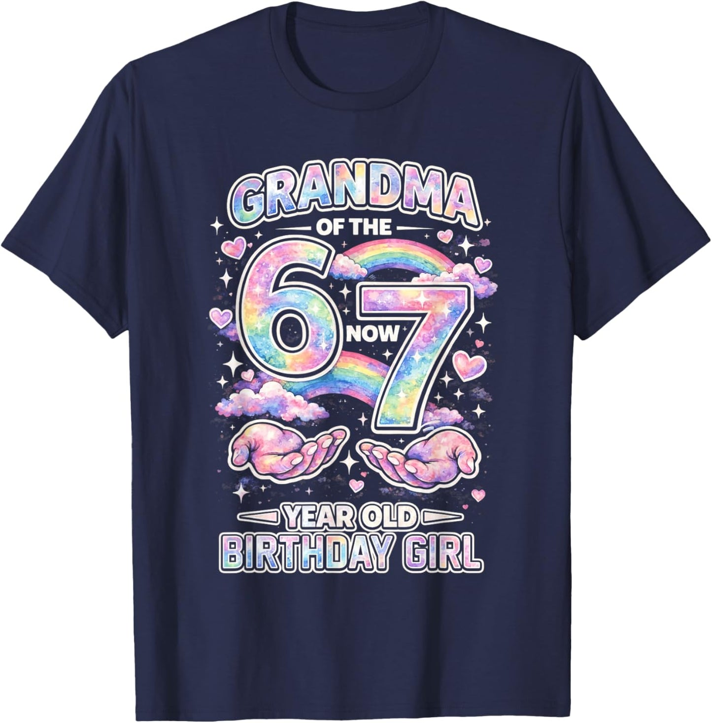 Grandma 67 Birthday 7 Years Old Watercolor Pastel Rainbow T-Shirt - T-Shirt | Navy
