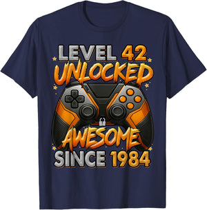 Level 42 Unlocked Awesome Since 1984 42nd Birthday Gaming T-Shirt - T-Shirt | Navy