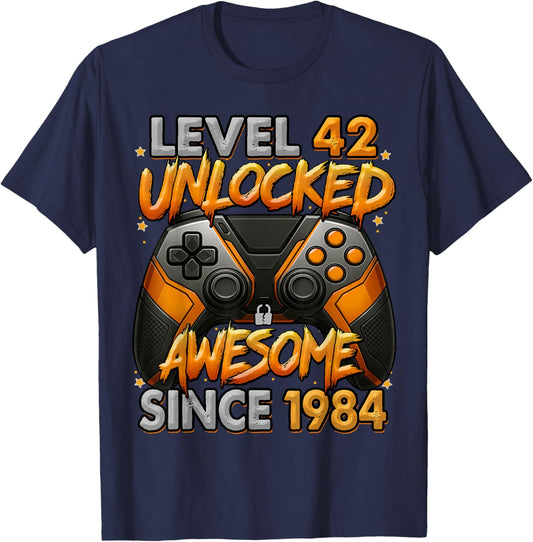 Level 42 Unlocked Awesome Since 1984 42nd Birthday Gaming T-Shirt - T-Shirt | Navy