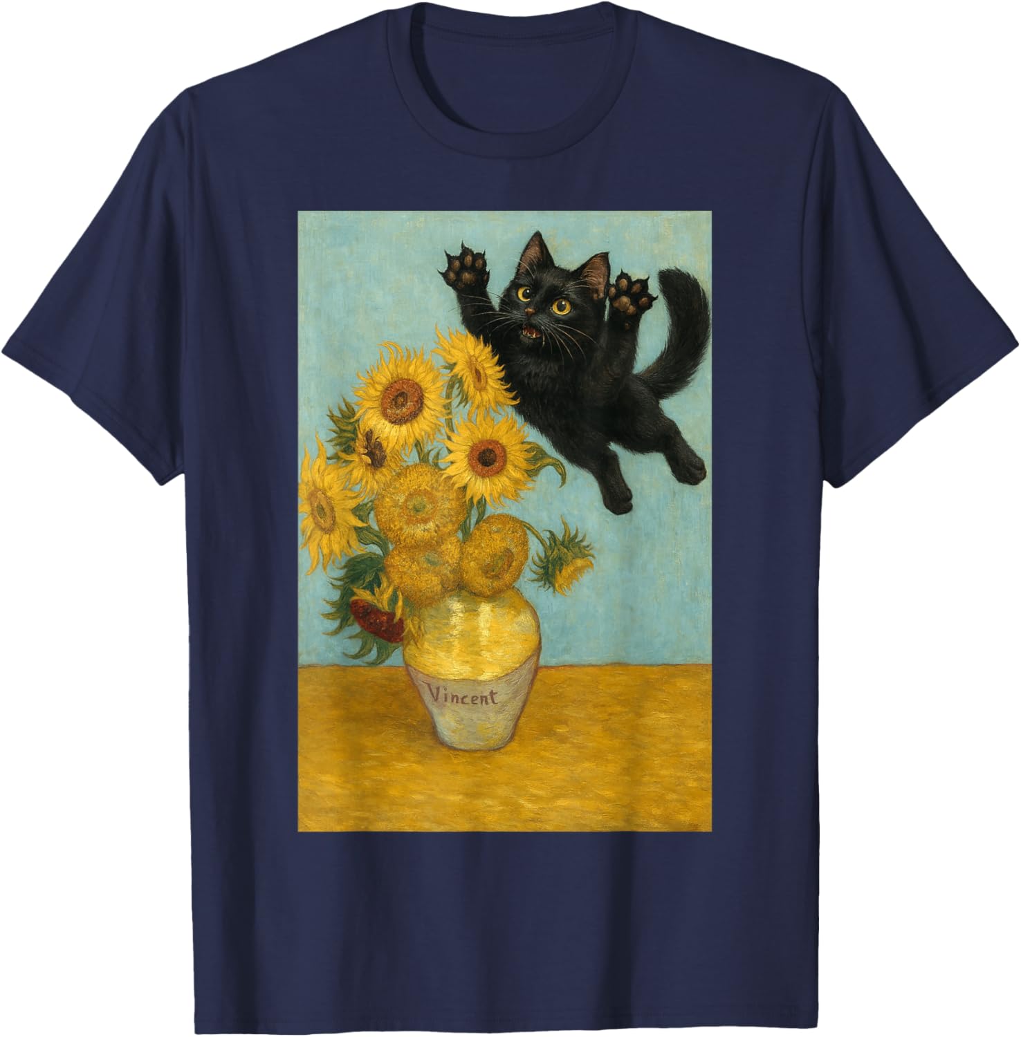 Mischievous cat Sunflowers Van Gogh Painting Feline T-Shirt - T-Shirt | Navy