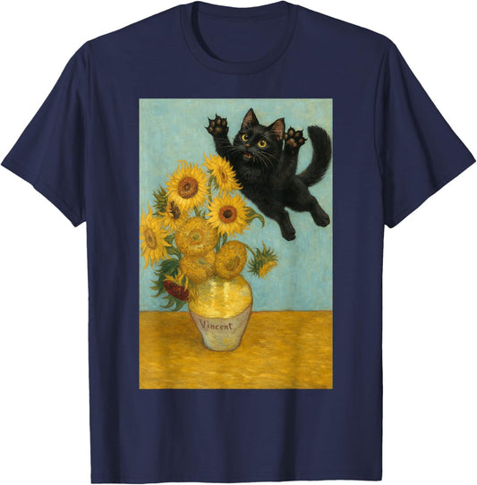 Mischievous cat Sunflowers Van Gogh Painting Feline T-Shirt - T-Shirt | Navy