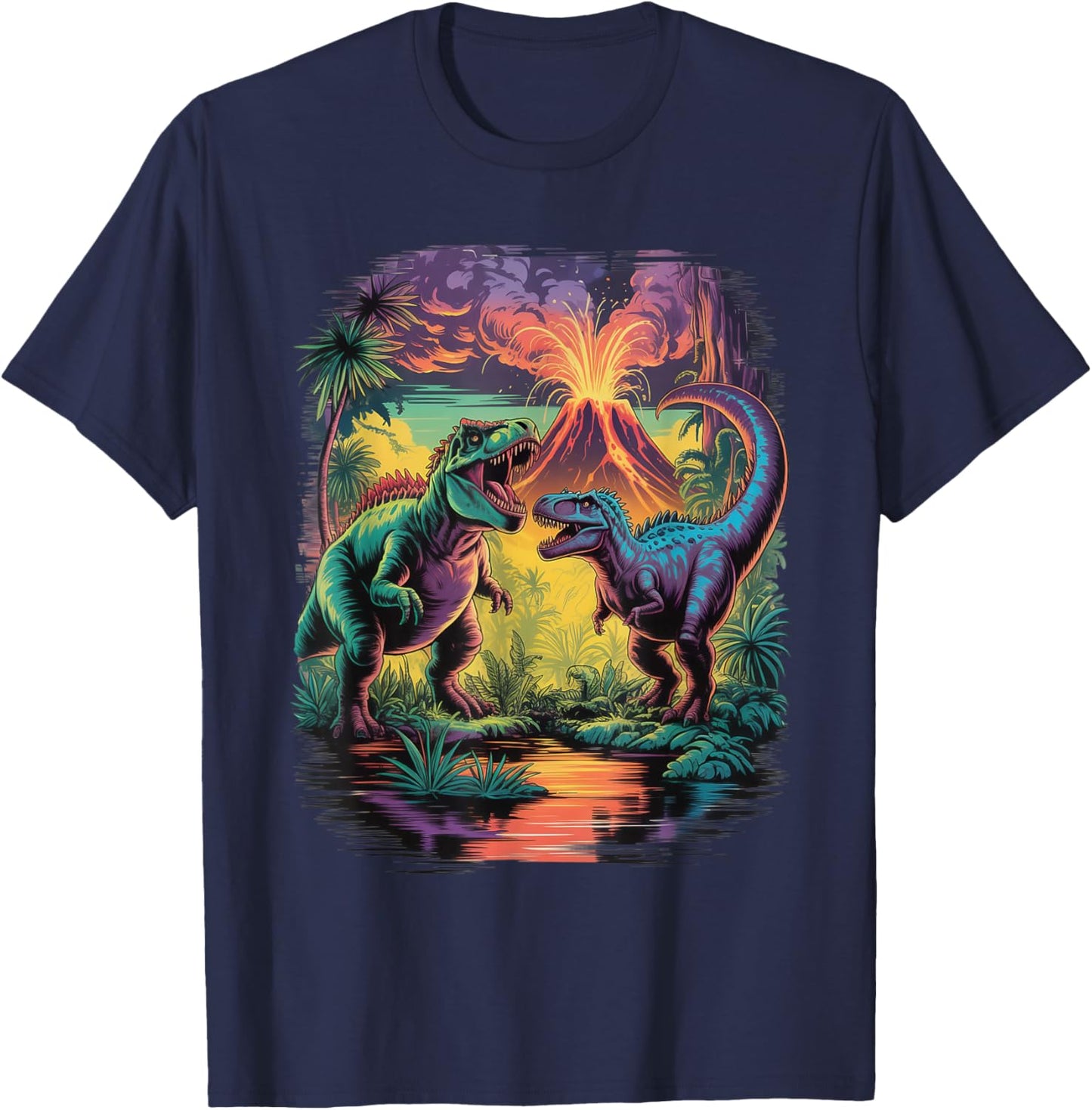 Vintage Retro 90s Airbrushed Dinosaur Volcano Scene T-Shirt - T-Shirt | Navy