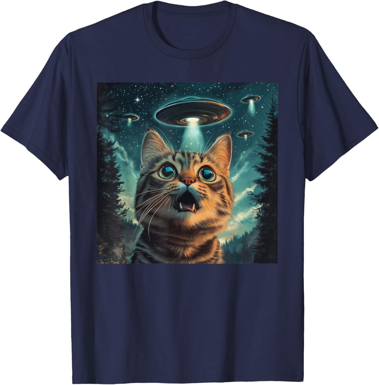 Cat Selfie With Alien UFO Funny Cat Men Women Kids T-Shirt - T-Shirt | Navy