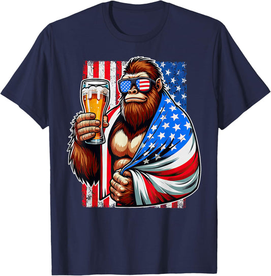 Bigfoot American Flag Drinking Beer 4th Of July Patriotic Men T-Shirt - T-Shirt | Navy