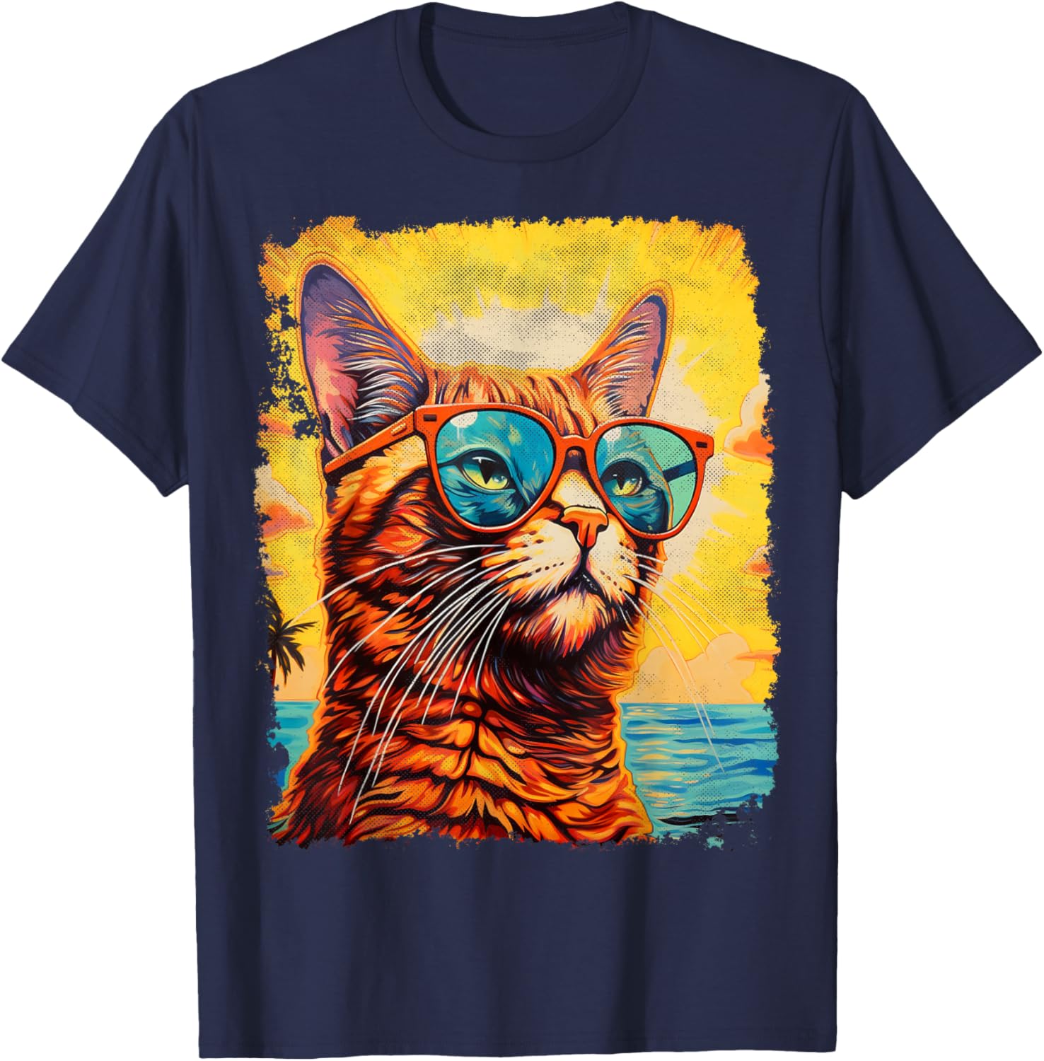 Cat with Sunglasses Graphic Hawaiian T-Shirt - T-Shirt | Navy