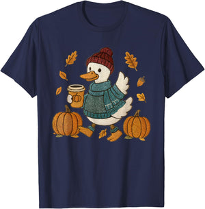 Cute Fall Duck Pumpkin Spice Latte Autumn Coffee Graphic T-Shirt - T-Shirt | Navy
