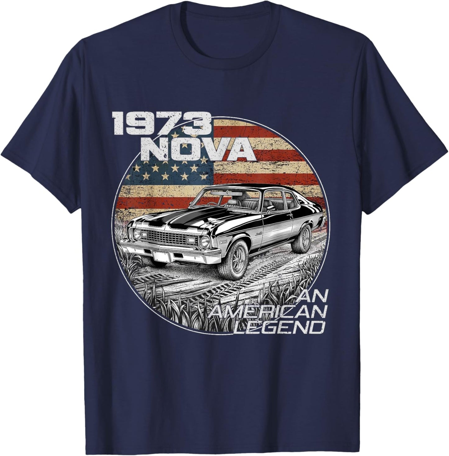 1973 73 Nova Silhouette Muscle Car American Flag T-Shirt - T-Shirt | Navy
