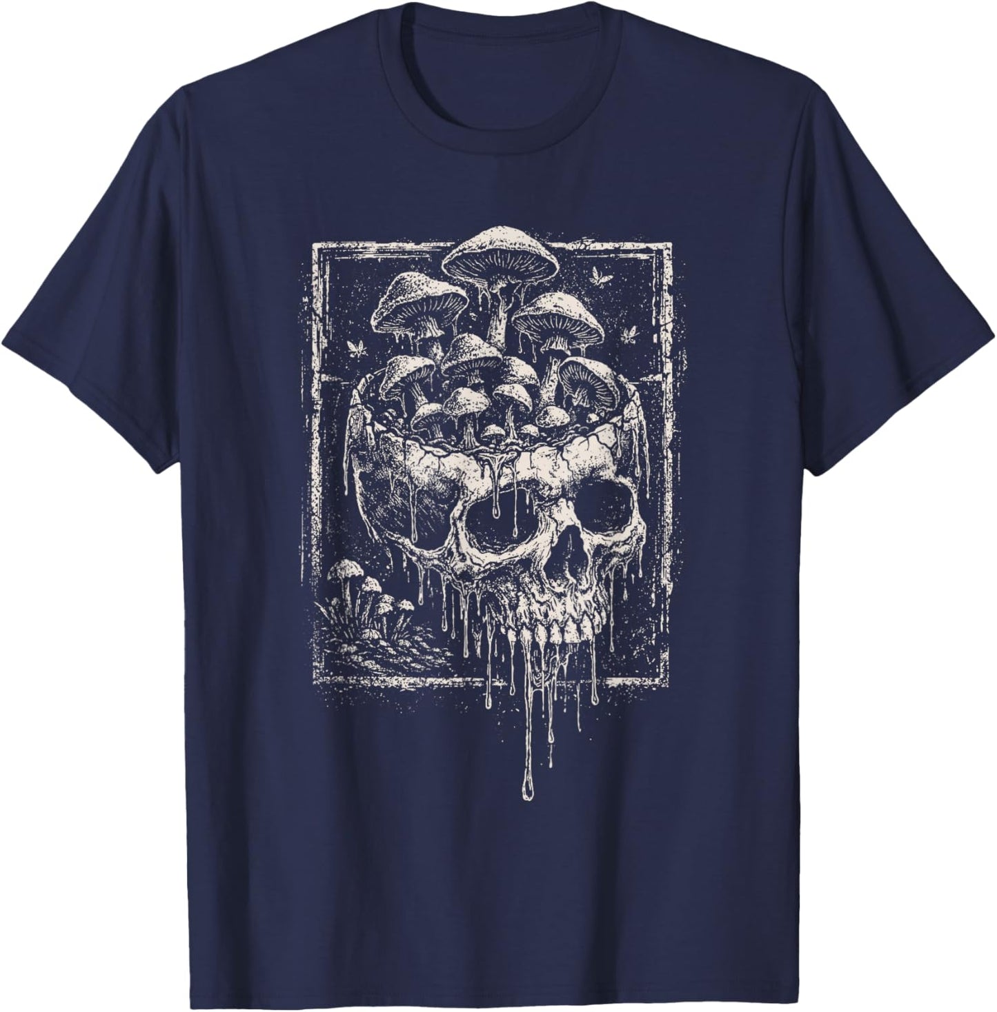 Skull Mushroom Dark Grunge Skeleton Forest Horror Aesthetic T-Shirt - T-Shirt | Navy