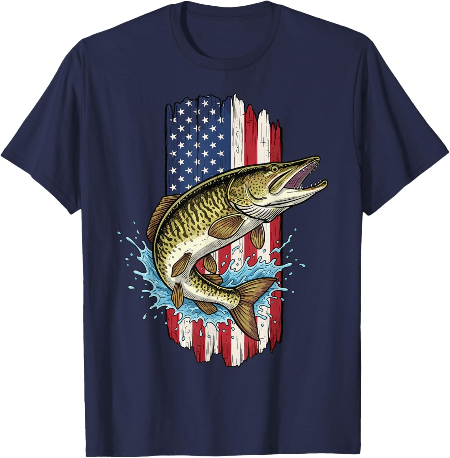 Musky Fishing, American Flag with Musky T-Shirt - T-Shirt | Navy