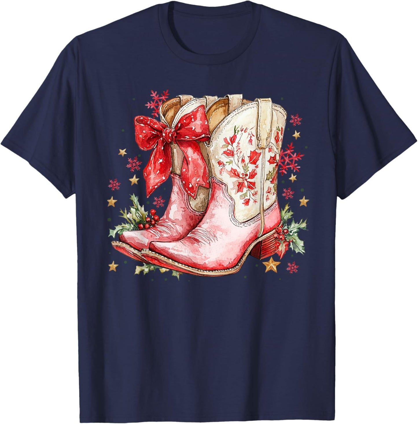Western Christmas Family Pajamas Bow Cowgirl Cowboy Boots T-Shirt - T-Shirt | Navy