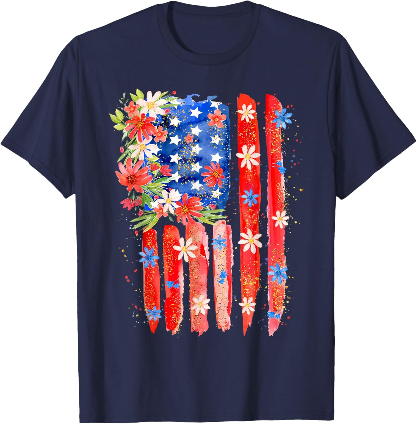 Flower Brushstroke US Flag 4th Of July Patriotic Graphic T-Shirt - T-Shirt | Navy