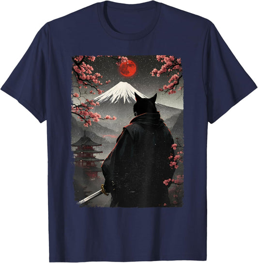 Samurai Cat Warrior Blood Moon Fuji Mount Japanese Graphic T-Shirt - T-Shirt | Navy