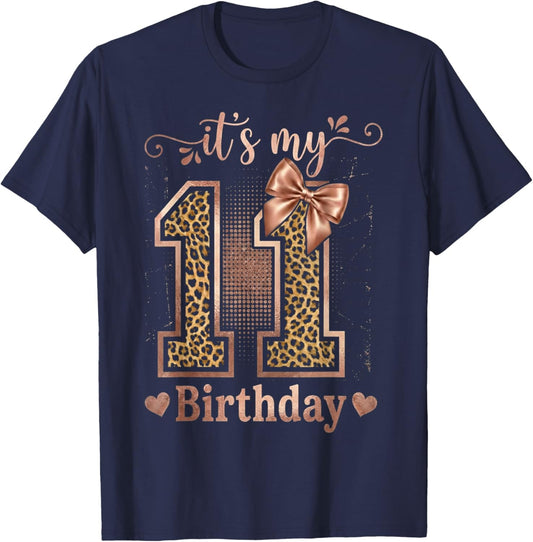 It's My 11th Birthday Girl Coquette Bow 11 Year Old Leopard T-Shirt - T-Shirt | Navy