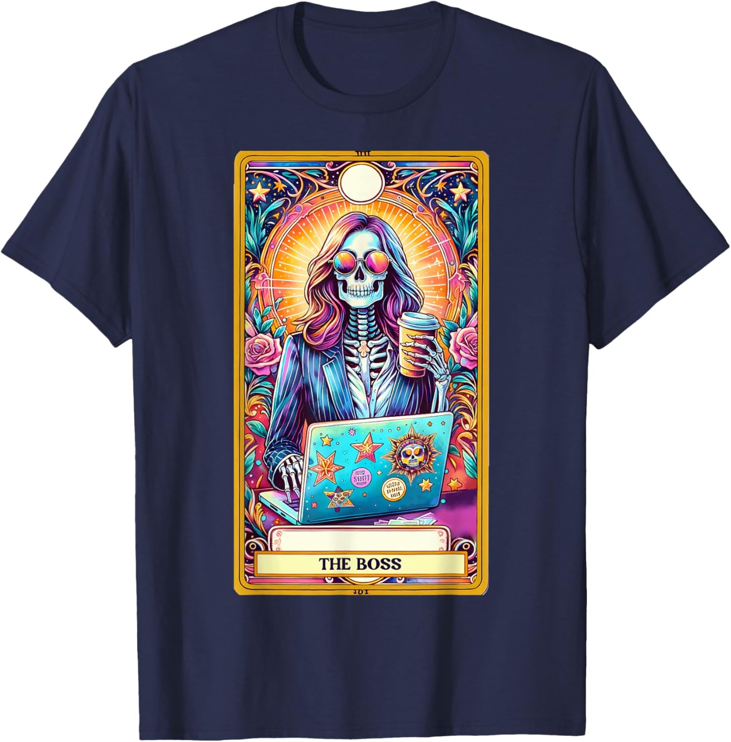 Women Boss Tarot Card Skeleton Work Hustle Leadership Coffee T-Shirt - T-Shirt | Navy